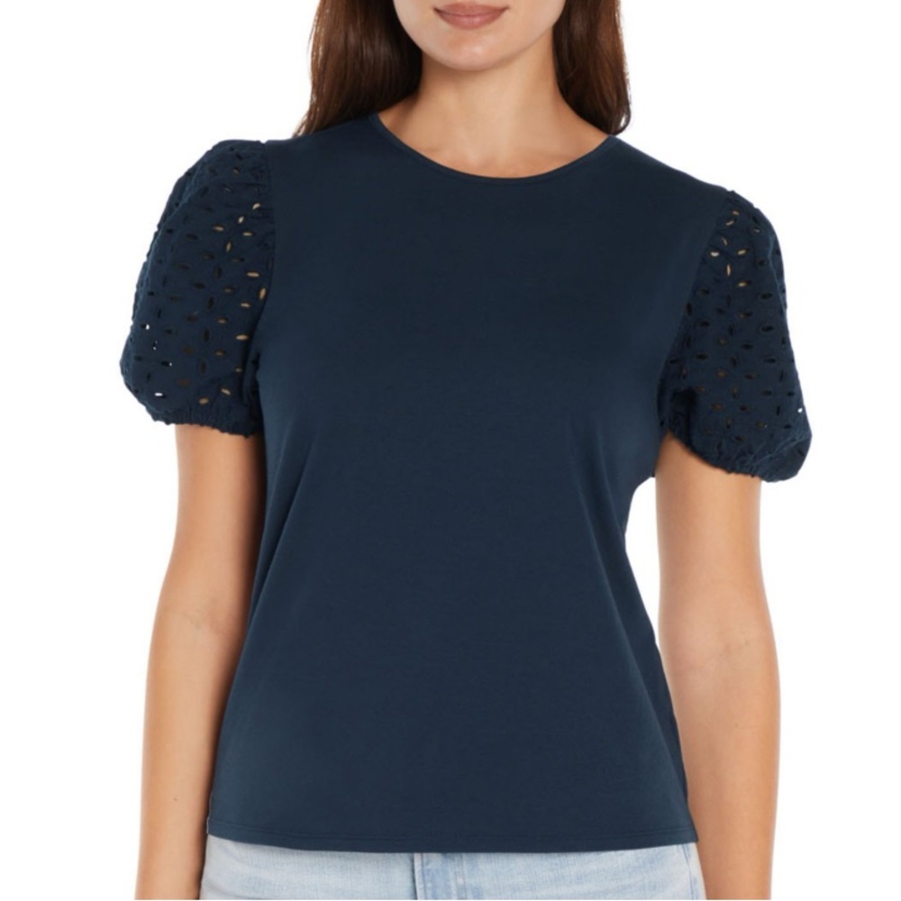 J. Crew Navy Blue Puff Eyelet Sleeve T-Shirt